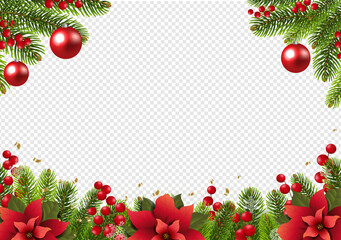 Christmas Postcard With Poinsettia Border With Holly Berry Transparent Background With Gradient Mesh, Vector Illustration