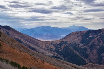 Provo Peak views from top mountain landscape scenes, by Provo, Slide Canyon, Slate Canyon and Rock Canyon, Wasatch Front Rocky Mountain Range, Utah. United States. 