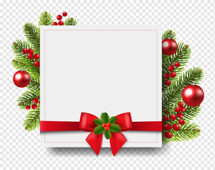 Fototapeta na wymiar Xmas Banner With And Silk Red Ribbon With Holly Berry Transparent Background With Gradient Mesh, Vector Illustration