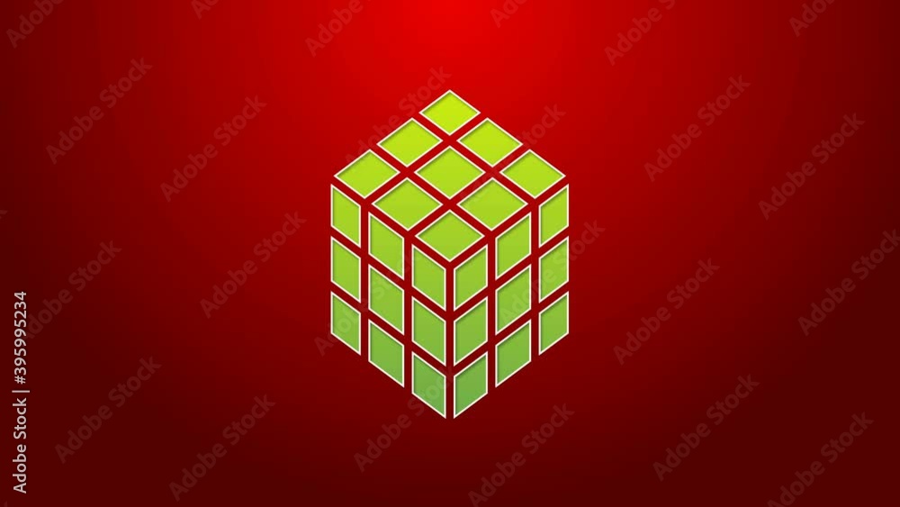 Poster Green line Rubik cube icon isolated on red background. Mechanical puzzle toy. Rubik's cube 3d combination puzzle. 4K Video motion graphic animation