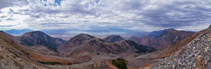 Provo Peak views from top mountain landscape scenes, by Provo, Slide Canyon, Slate Canyon and Rock Canyon, Wasatch Front Rocky Mountain Range, Utah. United States. 