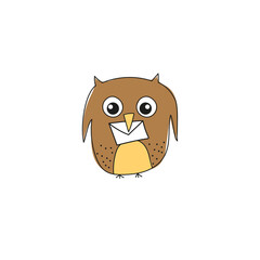 Funny vector illustration of owl with a letter isolated on white background. Cartoon owl character.
