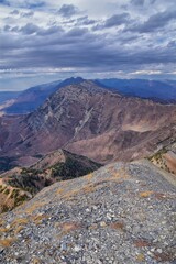 Provo Peak views from top mountain landscape scenes, by Provo, Slide Canyon, Slate Canyon and Rock Canyon, Wasatch Front Rocky Mountain Range, Utah. United States. 