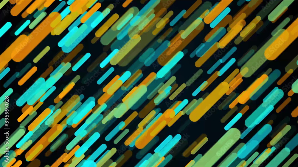 Poster oblique rain of glowing straight particles in the dark space, 3d rendering computer backdrop