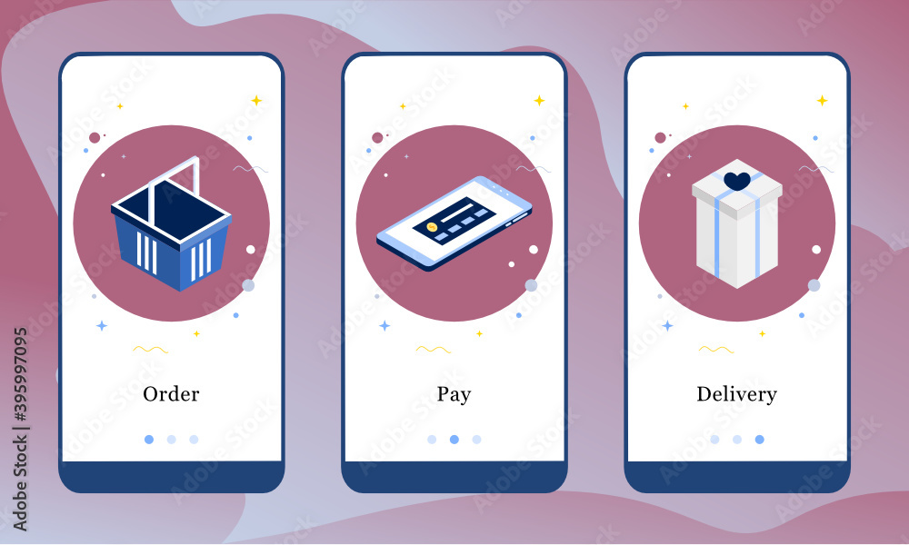 Poster vector illustration of order, pay and delivery on the onboarding shopping app screens and web concep