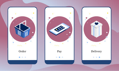 Vector illustration of Order, Pay and Delivery on the onboarding Shopping app screens and web concept. Interface Online Shopping UX, UI GUI onboard screen template for smart phone or web site banners.