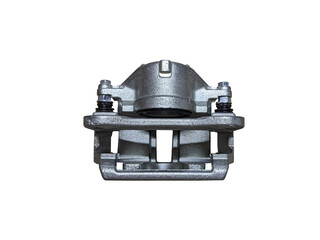 Single-piston brake caliper of the car type bracket on an isolated white background. New spare...