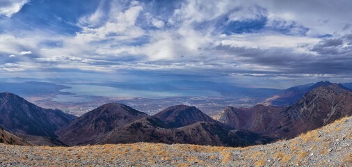 Provo Peak views from top mountain landscape scenes, by Provo, Slide Canyon, Slate Canyon and Rock Canyon, Wasatch Front Rocky Mountain Range, Utah. United States. 