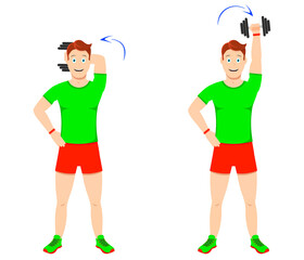 Exercise at home. Young handsome guy doing exercises with dumbbells for arm muscles.