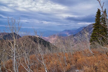 Provo Peak views from top mountain landscape scenes, by Provo, Slide Canyon, Slate Canyon and Rock Canyon, Wasatch Front Rocky Mountain Range, Utah. United States. 