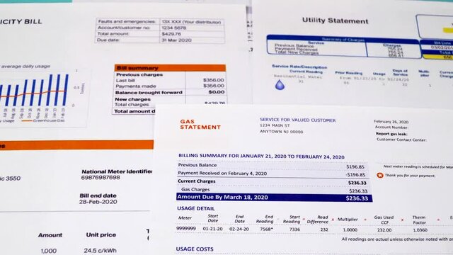 Communal payments. Electricity bill, Utility statement and Gas statement, close-up. Zoom in video shot