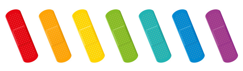 Plaster set. Colorful collection with seven different colors - red, orange, yellow, green, cyan, blue and purple adhesive plasters. Isolated vector illustration on white background.
