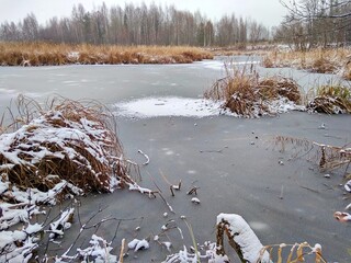 ice on a swampy river in the forest in winter