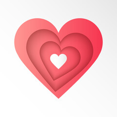 Cut pink gradient paper into heart shapes of various sizes overlapping each other creating shadow and dimension.