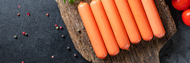 sausages seitan wheat protein classic taste vegetarian or vegan second course snack ready to eat on the table healthy meal snack ingredient top view copy space for text food background rustic