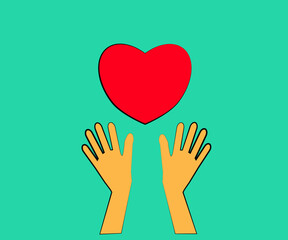 Hands up and heart on the background. Symbol. Vector illustration.