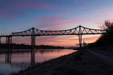 Fototapeta na wymiar Rendsburg high bridge kiel canal sunset