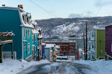 St. John's, Newfoundland, Canada - December 2020: A street in downtown St. John's with colourful...