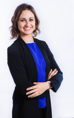 Beautiful young positive woman in black jacket studio portrait