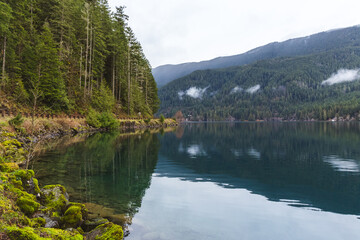 Clam waters and overcast at Lake Crescent, Washington