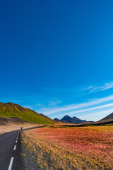 Paved Ring road going through volcanically active zone in Highlands of Iceland, resembling Martian...