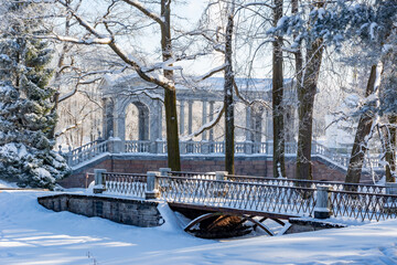 Marble bridge in Catherine park in winter, Tsarskoe Selo (Pushkin), St. Petersburg, Russia