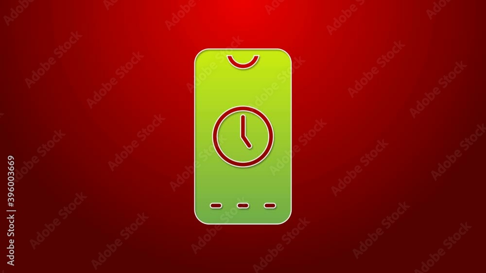 Poster green line alarm clock app smartphone interface icon isolated on red background. 4k video motion gra