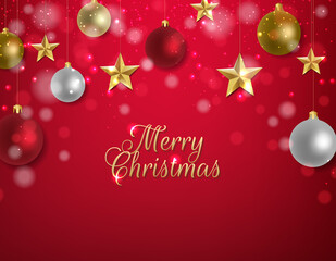Xmas Postcard With Golden Stars And Red Background With Gradient Mesh, Vector Illustration