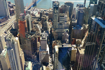 Aerial view with Skyscrapers in Financial District of Lower Manhattan, New York City, USA.