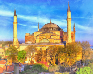 Hagia Sophia Byzantine church colorful painting looks like picture, Istanbul, Turkey.