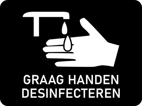 Graag Handen Desinfecteren ("Please Sanitize Your Hands" in Dutch) Horizontal Instruction Icon with an Aspect Ratio of 4:3 and Rounded Corners. Vector Image.