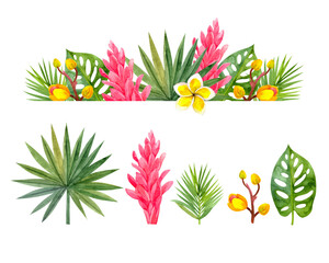 Set of bright watercolor flowers and leaves. Border of watercolor leaves and flowers. For the design of postcards, stickers, posters and more.