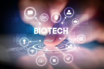 Finger touching tablet with web technology icons and BIOTECH inscription, web technology concept