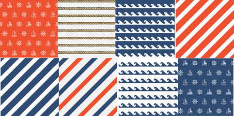 Eight nautical style seamless pattern set