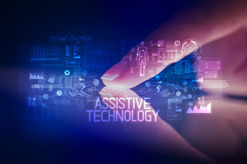 Finger touching tablet with web technology icons and ASSISTIVE TECHNOLOGY inscription