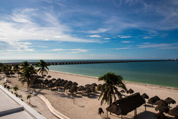 View from above of a beach with palm trees and a very long pier.