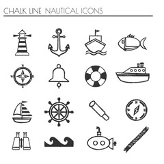 Thin minimalist monocolor chalk style nautical marine icon set 