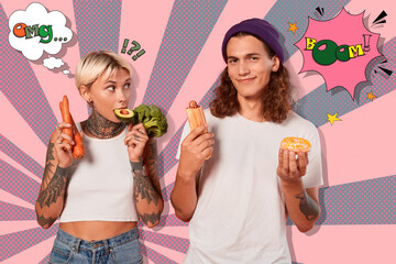 Young adult man and woman holding food in hands