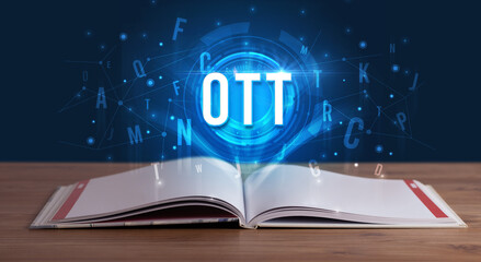 OTT inscription coming out from an open book, digital technology concept