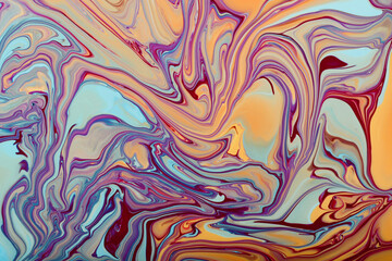 Naklejka premium Multicolored marble background in muted colors.Mixed nail polishes,make up concept.Beautiful stains of liquid nail laquers.Fluid art,pour painting technique.Can be used as backdrop for chat.