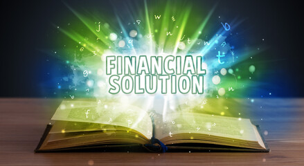 FINANCIAL SOLUTION inscription coming out from an open book, educational concept