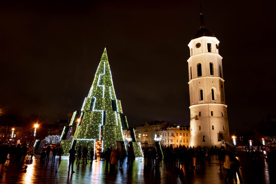 Beautiful Christmas tree in Vilnius Cathedral square, Lithuania, Europe, no market and events due to Covid or Coronavirus pandemic 