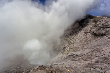 Kawah Bromo, Mount Bromo in Bromo Tengger Semeru National Park, is an active volcano and part of the Tengger massif, in East Java, Indonesia