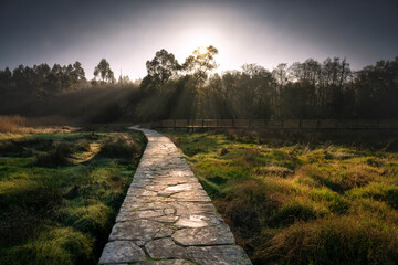 Stone walk in the marshes of Catoira, Galicia, Spain