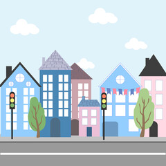Vector flat illustration of the city with cars. Cartoon style.
