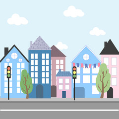 Fototapeta premium Vector flat illustration of the city with cars. Cartoon style.