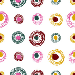 Grunge texture seamless pattern of spiral, circles, nests. Hand drawn ink brush multicolored stains design elements background. Wallpaper, wrapping, textile, fabric, cover. Vector illustration