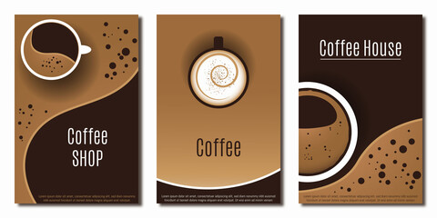 A modern set of minimalistic posters with coffee cups on the background of coffee foam.