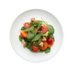 Delicious fresh chicken salad with vegetables and spinach isolated on white, top view