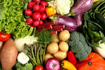 Different fresh vegetables as background, closeup view